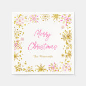 ピンクと金ゴールドの雪片クリスマスパーティー スタンダードカクテルナプキン (正面)