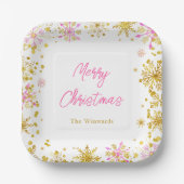 ピンクと金ゴールドの雪片クリスマスパーティー ペーパープレート (正面)