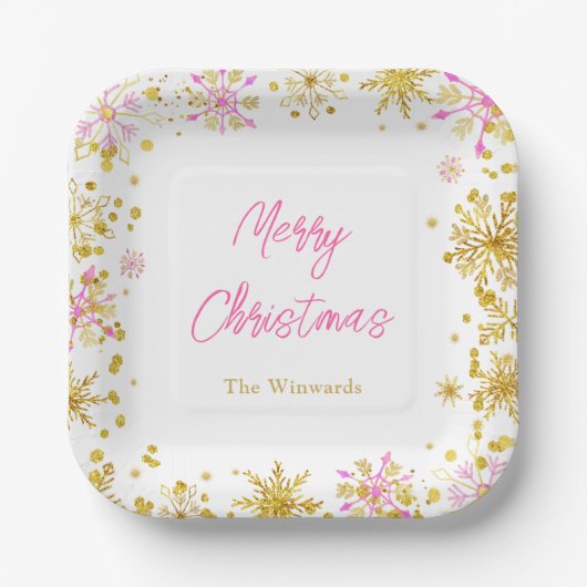ピンクと金ゴールドの雪片クリスマスパーティー ペーパープレート (正面)