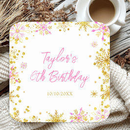 ピンクと金ゴールドの雪片バースデーパーティー スクエアペーパーコースター