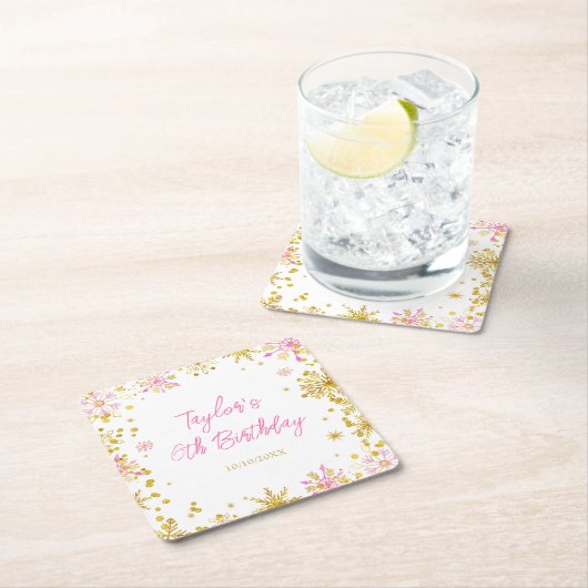 ピンクと金ゴールドの雪片バースデーパーティー スクエアペーパーコースター (インサイチュ)