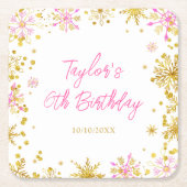 ピンクと金ゴールドの雪片バースデーパーティー スクエアペーパーコースター (正面)