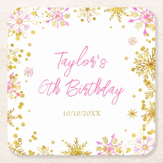 ピンクと金ゴールドの雪片バースデーパーティー スクエアペーパーコースター (正面)