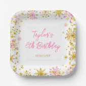 ピンクと金ゴールドの雪片バースデーパーティー ペーパープレート (正面)
