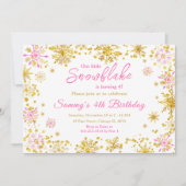 ピンクと金ゴールドの雪片バースデーパーティー 招待状 (正面)