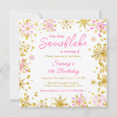 ピンクと金ゴールドの雪片バースデーパーティー 招待状 (正面)