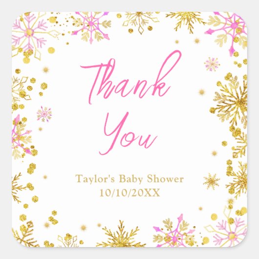 ピンクと金ゴールドの雪片ベビーシャワーありがとう スクエアシール (正面)