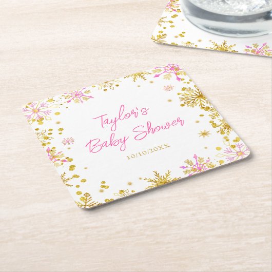 ピンクと金ゴールドの雪片ベビーシャワー スクエアペーパーコースター (アングル)