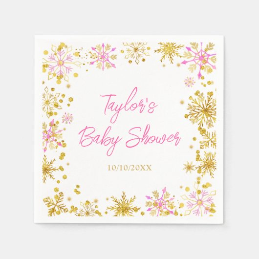 ピンクと金ゴールドの雪片ベビーシャワー スタンダードカクテルナプキン (正面)