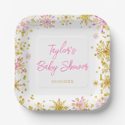 ピンクと金ゴールドの雪片ベビーシャワー ペーパープレート (正面)