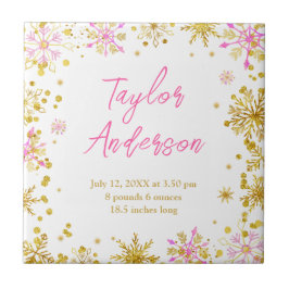 ピンクと金ゴールドの雪片ベビー誕生統計 タイル