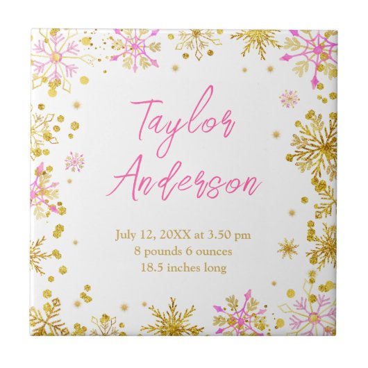ピンクと金ゴールドの雪片ベビー誕生統計 タイル (正面)