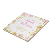 ピンクと金ゴールドの雪片ベビー誕生統計 タイル (側面)