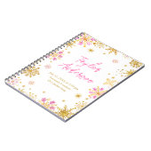 ピンクと金ゴールドの雪片ベビー誕生統計 ノートブック (左側)