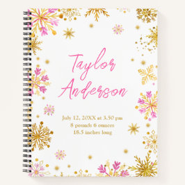 ピンクと金ゴールドの雪片ベビー誕生統計 ノートブック