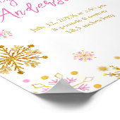 ピンクと金ゴールドの雪片ベビー誕生統計 ポスター (角)