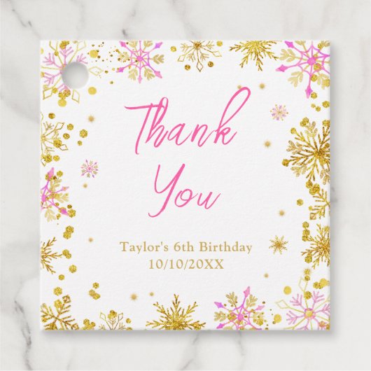 ピンクと金ゴールドの雪片誕生日ありがとう フェイバータグ (正面)