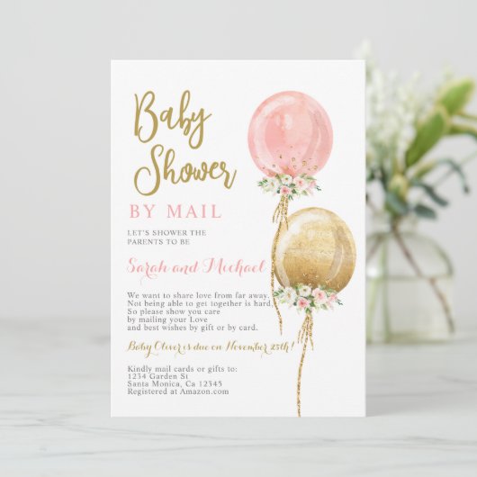 ピンクと金ゴールドの風船の女の子のメールでシャワー 招待状 (スタンド正面)