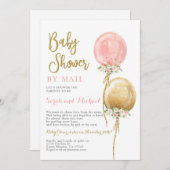 ピンクと金ゴールドの風船の女の子のメールでシャワー 招待状 (正面/裏面)