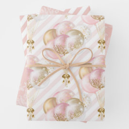 ピンクと金ゴールドの風船パターン赤ちゃん女の子 ラッピングペーパーシート