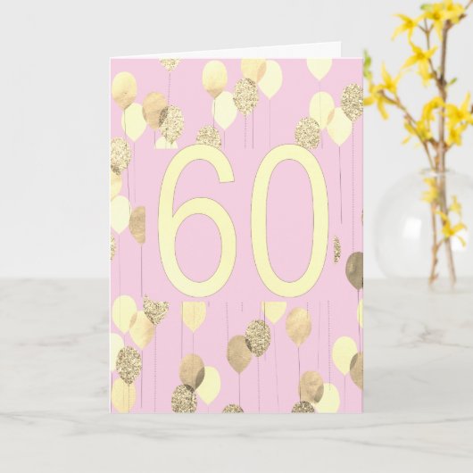 ピンクと金ゴールドの風船60誕生日カード カード (黄色い花)
