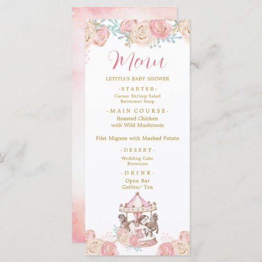 ピンクと金ゴールドの魔法の回転木馬ベビーシャワーメニュー メニュー (正面/裏面)