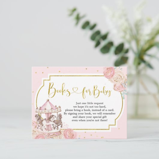 ピンクと金ゴールドの魔法の回転木馬本ベビー インビテーションポストカード (スタンド正面)