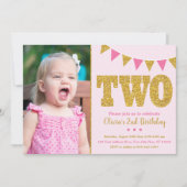 ピンクと金ゴールドの2回目の誕生日招待状(写真付き) 招待状 (正面)