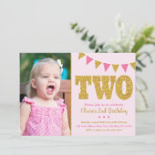 ピンクと金ゴールドの2回目の誕生日招待状(写真付き) 招待状 (スタンド正面)