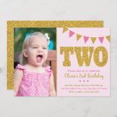 ピンクと金ゴールドの2回目の誕生日招待状(写真付き) 招待状 (正面/裏面)