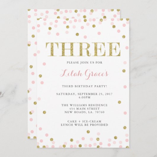 ピンクと金ゴールドの3番目の誕生日招待状 招待状 (正面/裏面)