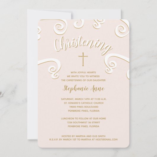 ピンクと金ゴールドのChristiningScroll 招待状 (正面)