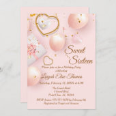 ピンクと金ゴールドのSweet sixteen誕生日パーティー 招待状 (正面/裏面)