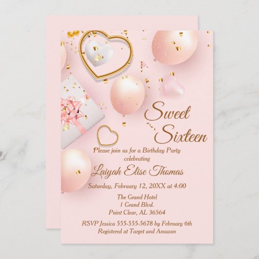 ピンクと金ゴールドのSweet sixteen誕生日パーティー 招待状 (正面/裏面)