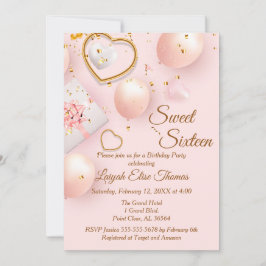 ピンクと金ゴールドのSweet sixteen誕生日パーティー 招待状