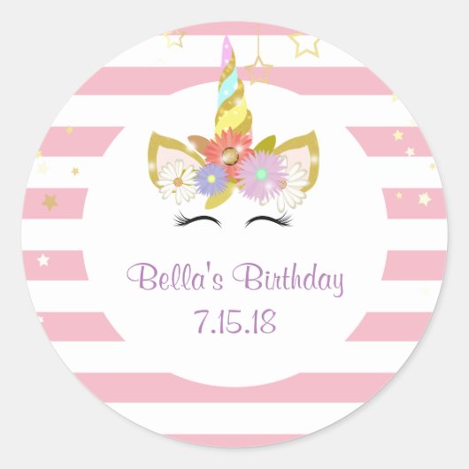 ピンクと金ゴールドのUnicornスタンプ ラウンドシール (正面)