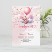 ピンクと金ゴールドは真珠のように待つテディベアの女の子シャワー 招待状 (スタンド正面)