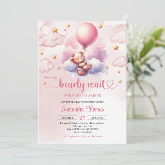 ピンクと金ゴールドは真珠のように待つテディベアの女の子シャワー 招待状 (スタンド正面)