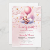 ピンクと金ゴールドは真珠のように待つテディベアの女の子シャワー 招待状 (正面/裏面)