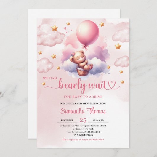 ピンクと金ゴールドは真珠のように待つテディベアの女の子シャワー 招待状 (正面/裏面)