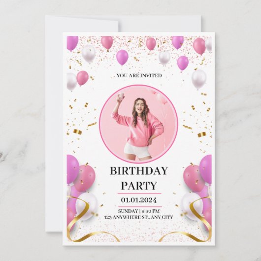 ピンクと金ゴールドよくはしゃぐパーソナル誕生日招待状 招待状 (正面)