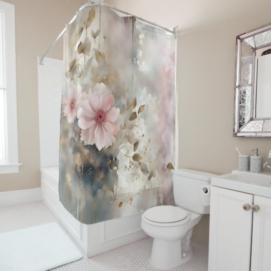 ピンクと金ゴールドわび・さび花グレー背景 シャワーカーテン (インサイチュ)