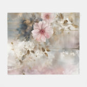 ピンクと金ゴールドわび・さび花グレー背景 フリースブランケット (正面(横))