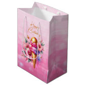 ピンクと金ゴールドアイスクリームゴールデン誕生日 ミディアムペーパーバッグ (正面アングル)