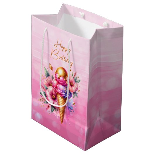 ピンクと金ゴールドアイスクリームゴールデン誕生日 ミディアムペーパーバッグ (正面アングル)