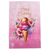 ピンクと金ゴールドアイスクリームゴールデン誕生日 ミディアムペーパーバッグ (正面)