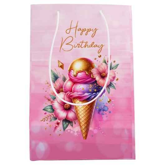 ピンクと金ゴールドアイスクリームゴールデン誕生日 ミディアムペーパーバッグ (正面)