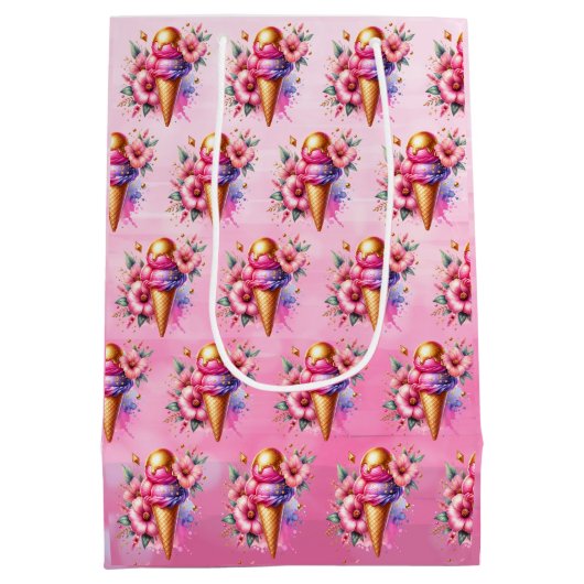 ピンクと金ゴールドアイスクリームゴールデン誕生日 ミディアムペーパーバッグ (裏面)