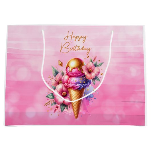 ピンクと金ゴールドアイスクリームゴールデン誕生日 ラージペーパーバッグ (正面)