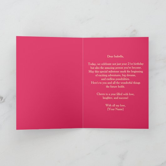 ピンクと金ゴールドアクセント付き21きらめく歳の誕生日 カード (内部)